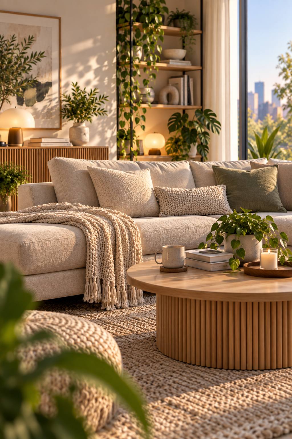 Salon lumineux aménagé avec des essentiels pour la maison